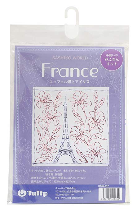 TULIP 손바느질의 꽃 행주 키트 SASHIKO WORLD 흰색 France 에펠 탑과 아이리스 KSW-017